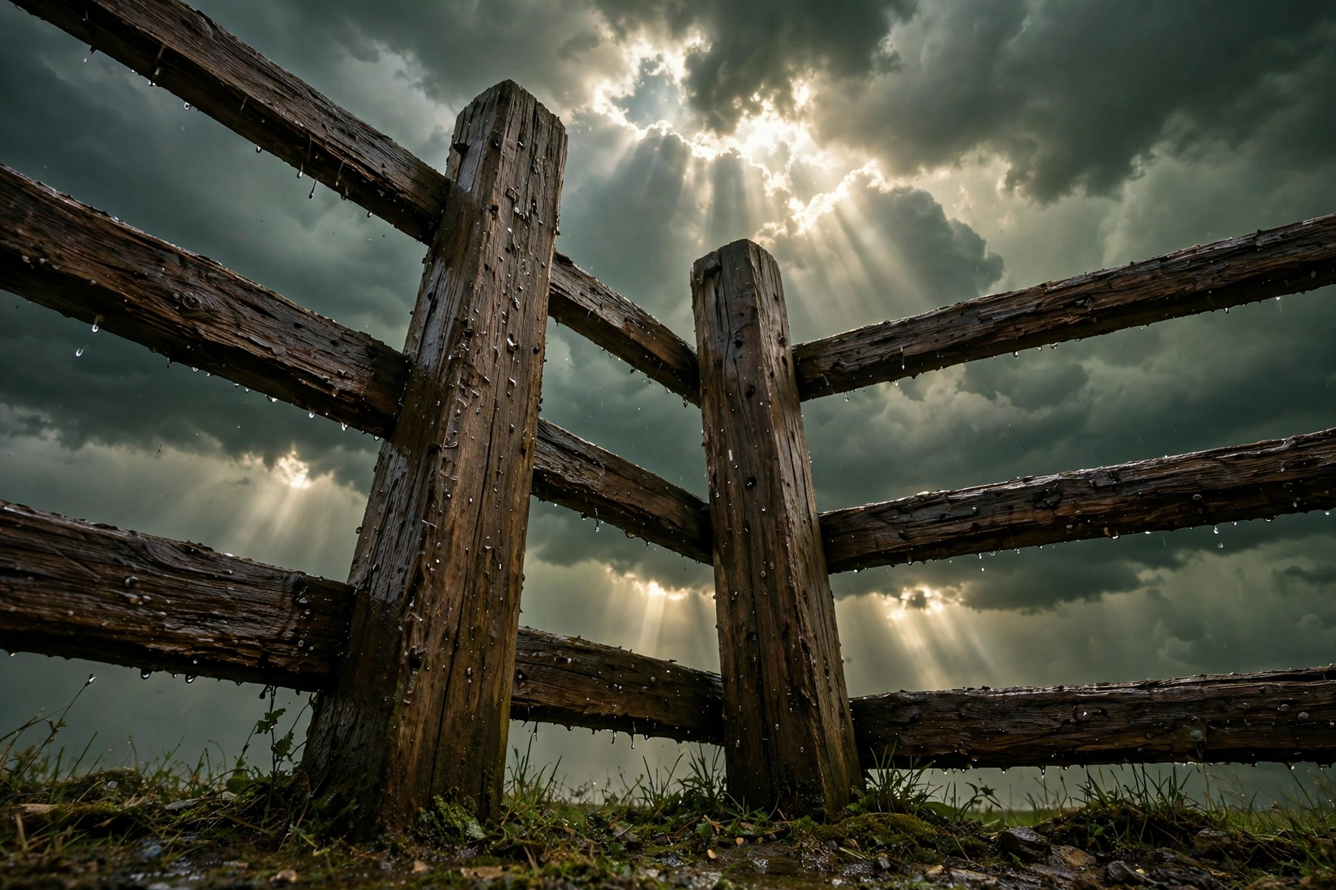 Fence posts holding firm as storm light breaks through dark clouds