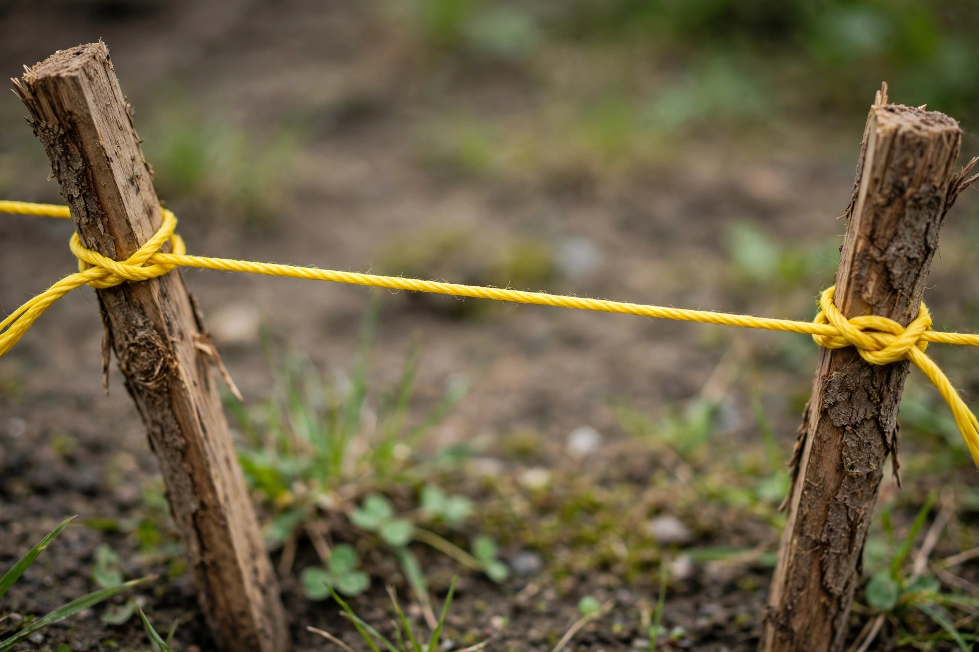 A mason's string line pulled taut between two wooden stakes